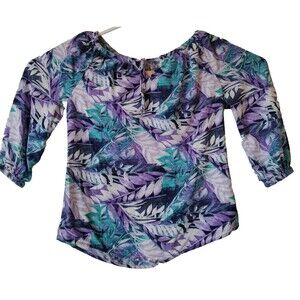 Chicos Blouse Women's Size 0 Lg. Purple Floral 3/4 Sleeve Round Keyhole Neck